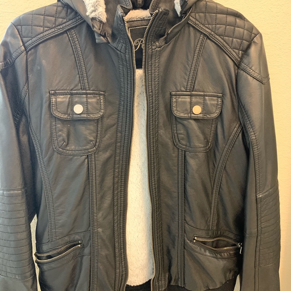 Black leather jacket with faux fur lining